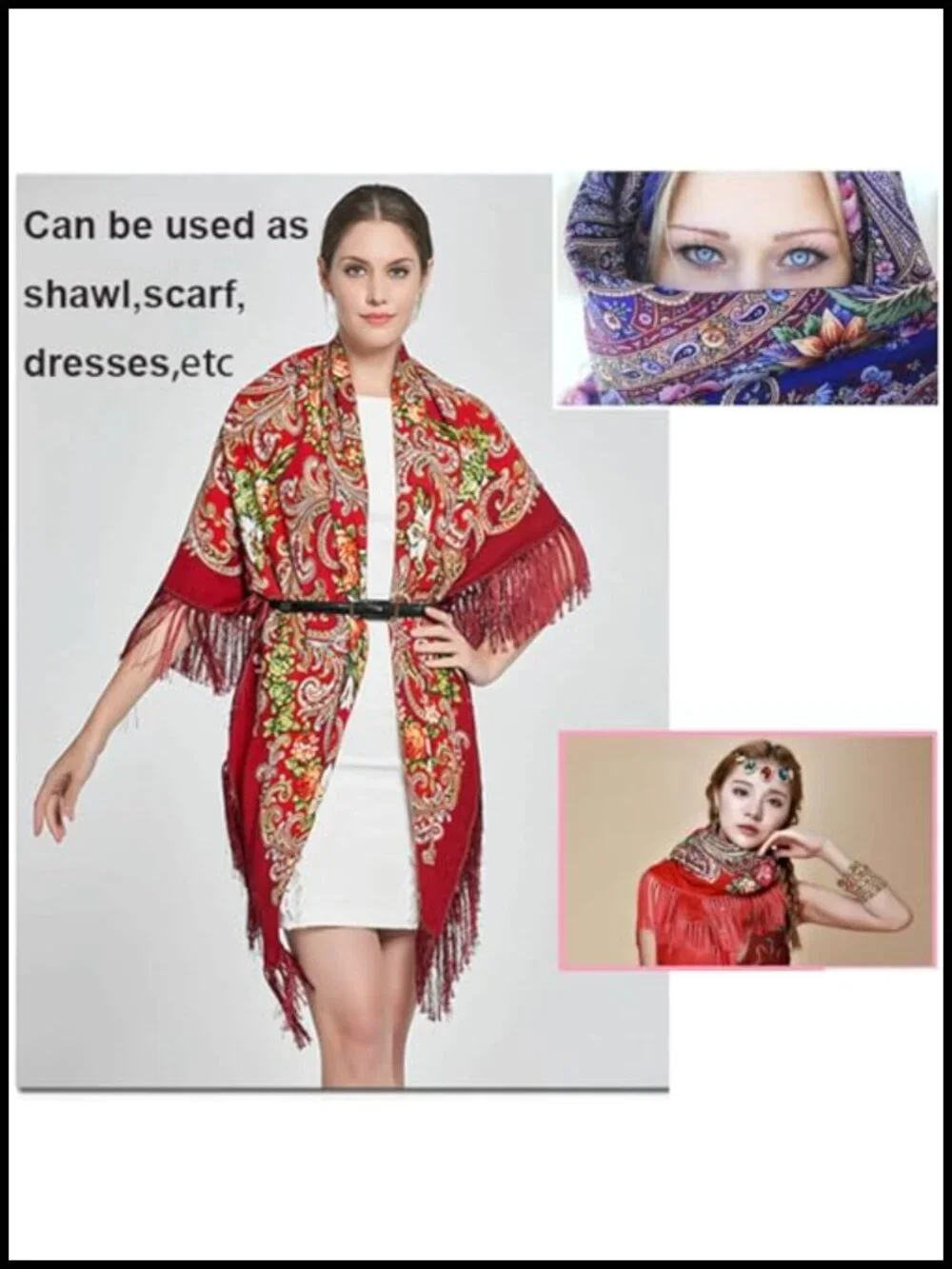 Women Fringed Shawl Wrap Retro Tassel Scarf Cotton Polyester Floral Large Square